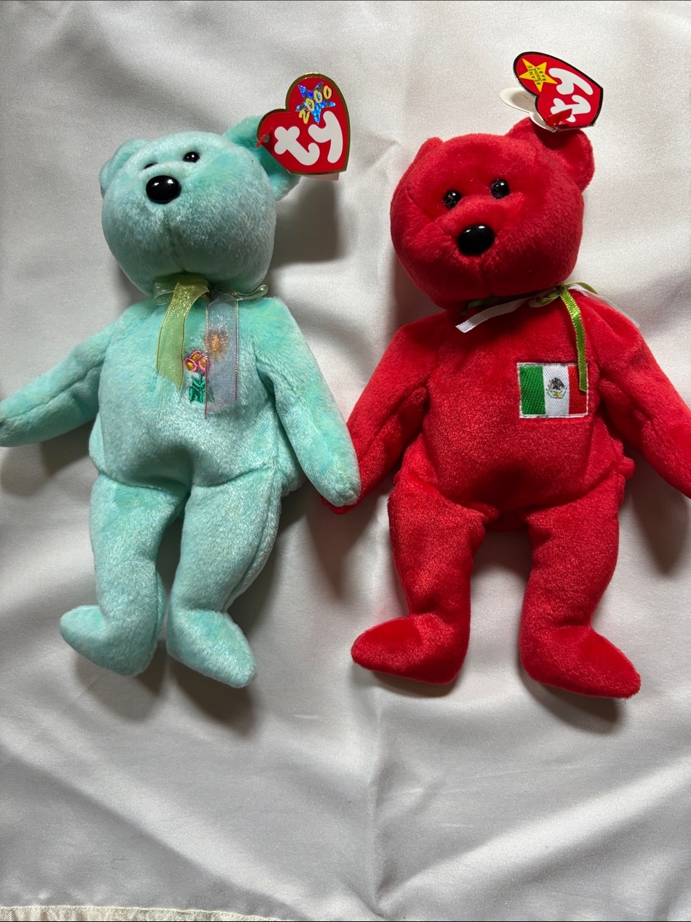 Vintage Ty Beanie Baby Pair - Aqua  ( Ariel) & Red (Osito) with Ribbon Accents